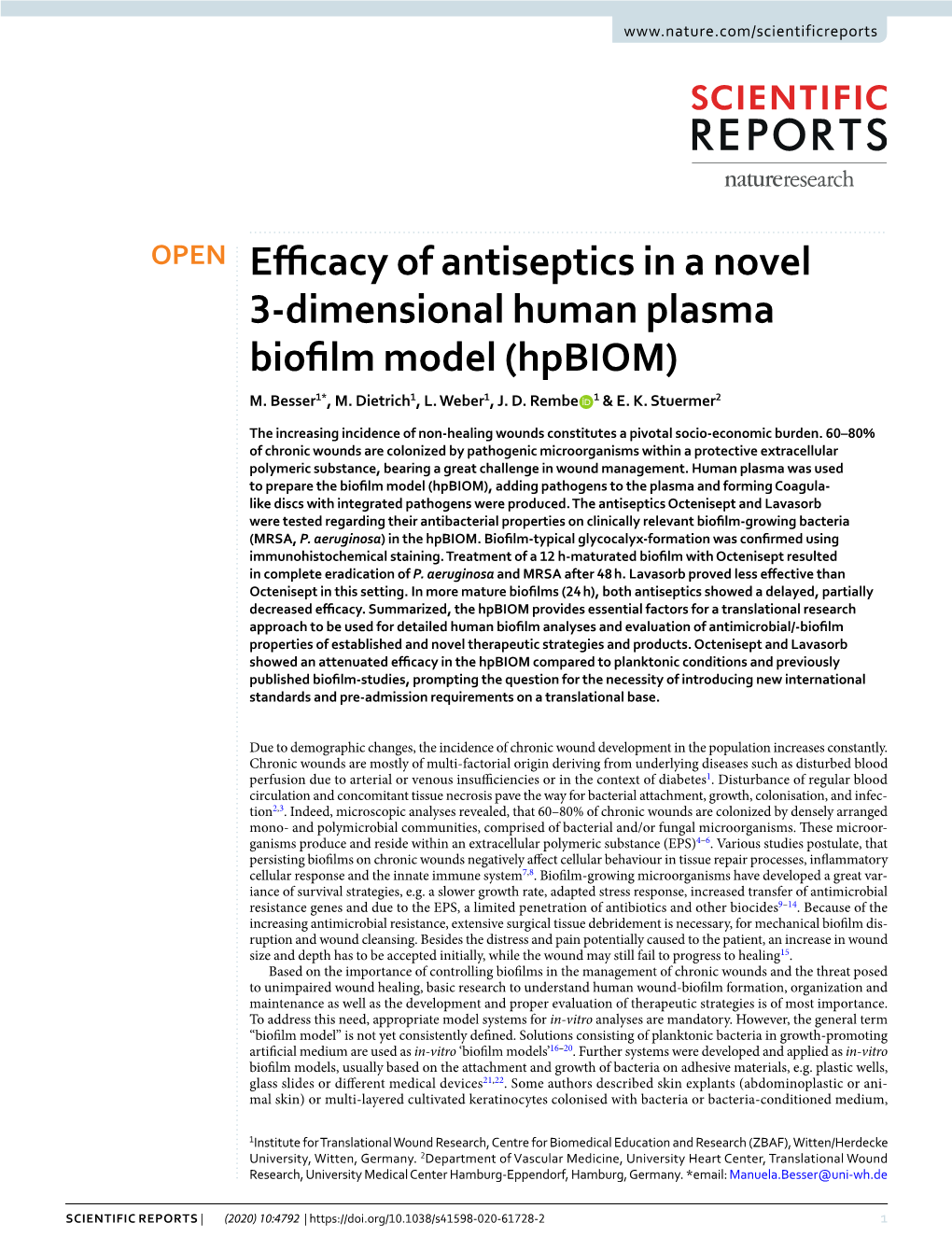 Efficacy of Antiseptics in a Novel 3-Dimensional Human Plasma