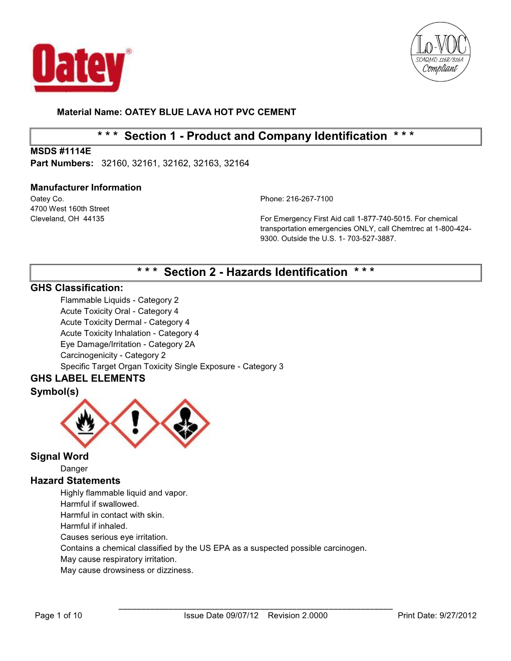 SDS #1114E Part Numbers: 32160, 32161, 32162, 32163, 32164