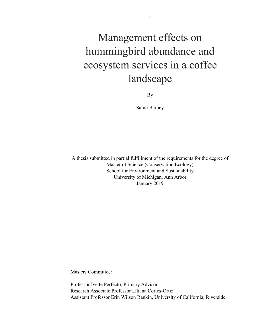 Management Effects on Hummingbird Abundance and Ecosystem Services in a Coffee Landscape