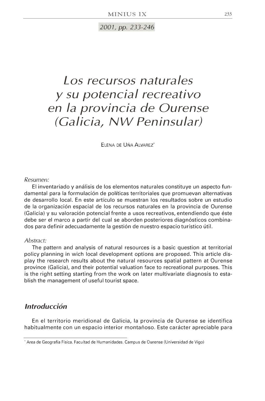 Los Recursos Naturales Y Su Potencial Recreativo En La Provincia De Ourense (Galicia, NW Peninsular)