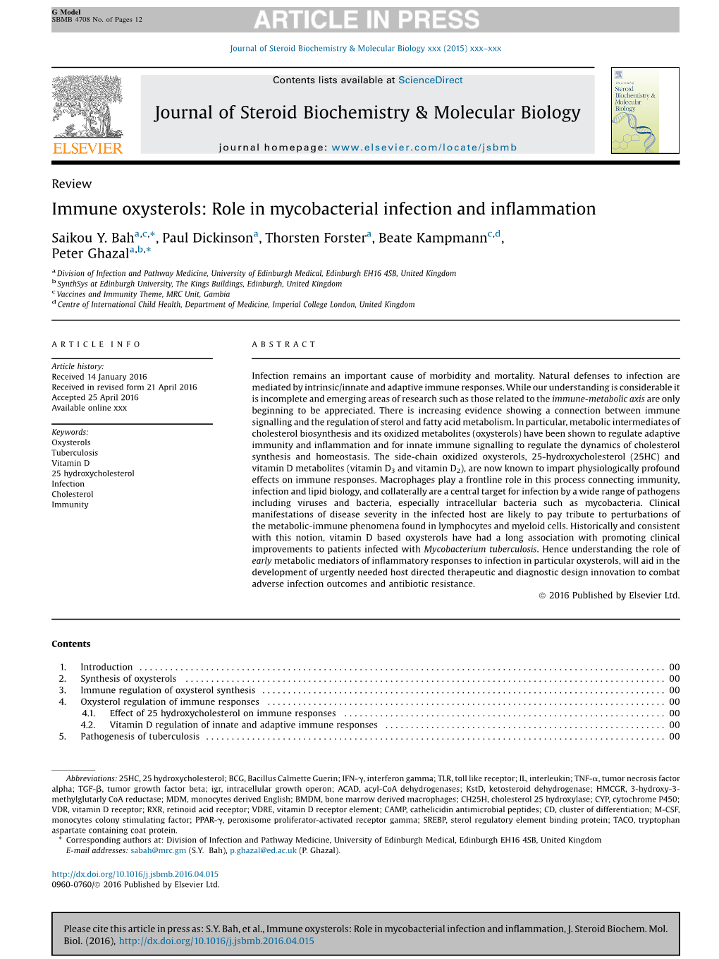 Immune Oxysterols: Role in Mycobacterial Infection and Inﬂammation