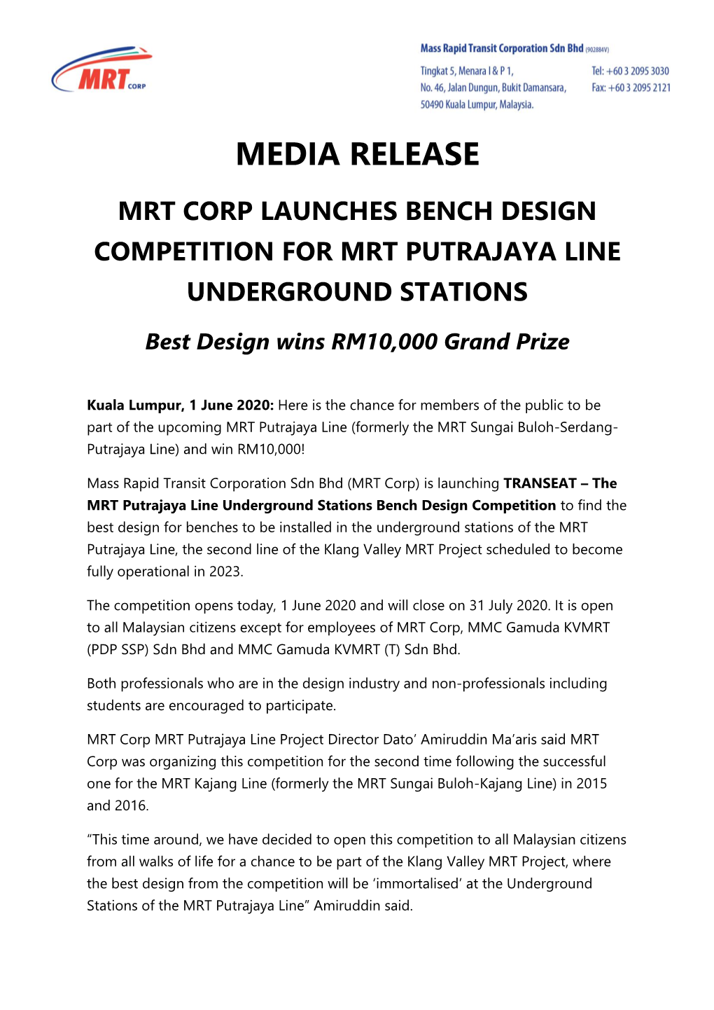 Mrt Corp Launches Bench Design Competition for Mrt Putrajaya Line Underground Stations