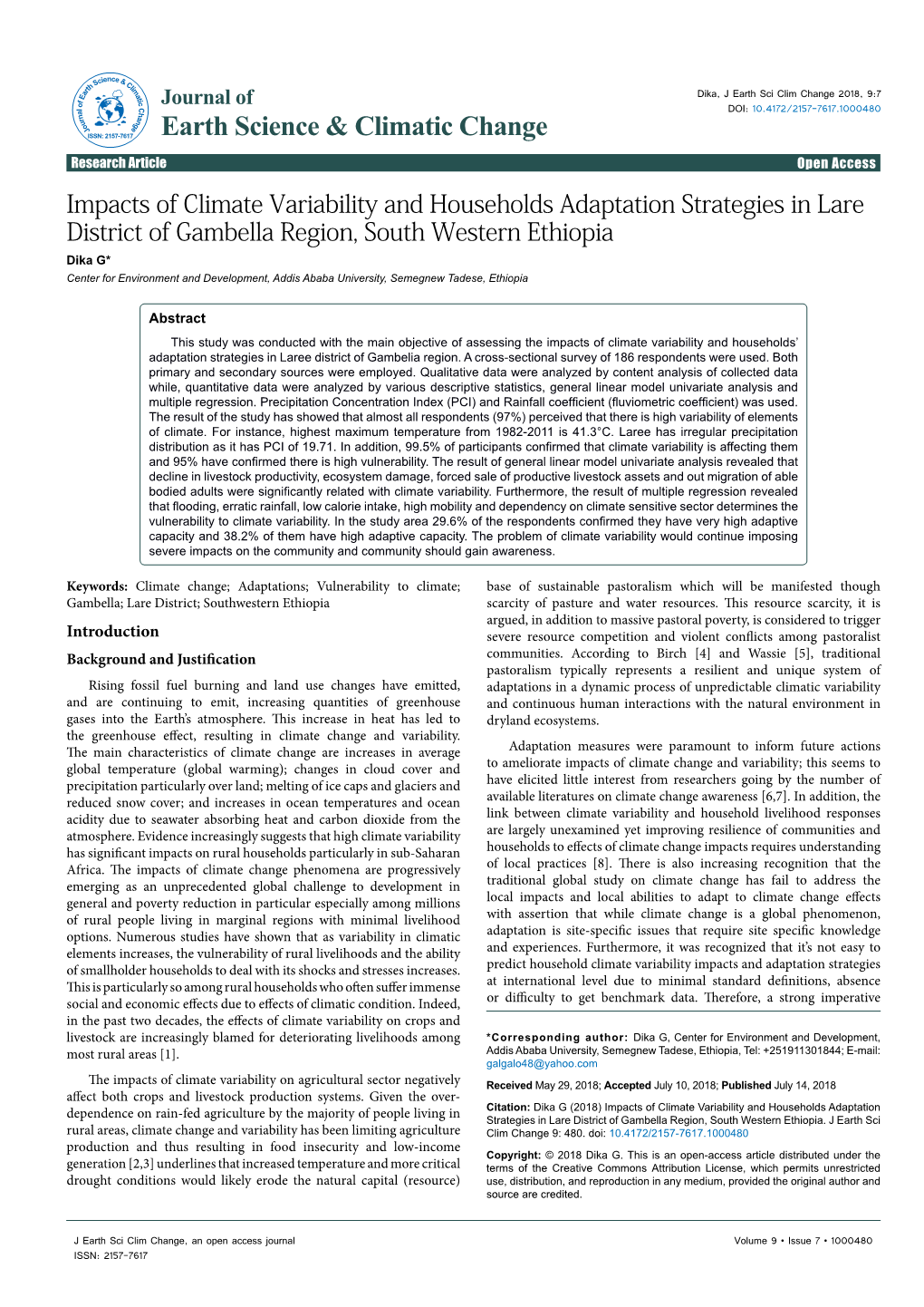 Impacts of Climate Variability and Households Adaptation Strategies