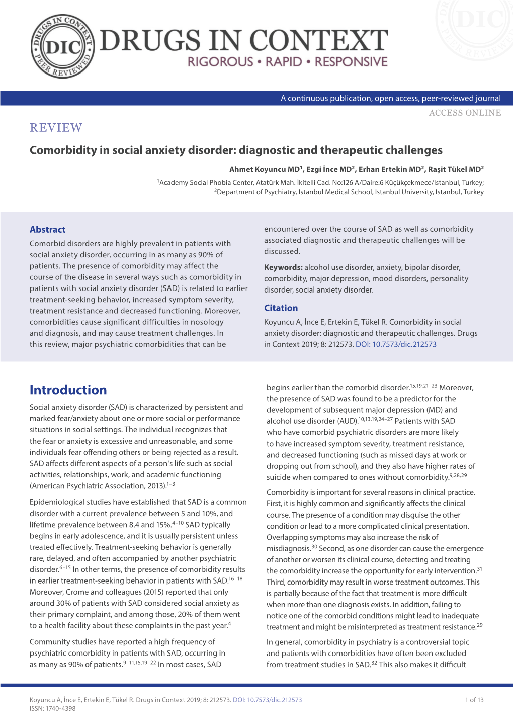 Comorbidity in Social Anxiety Disorder: Diagnostic and Therapeutic Challenges