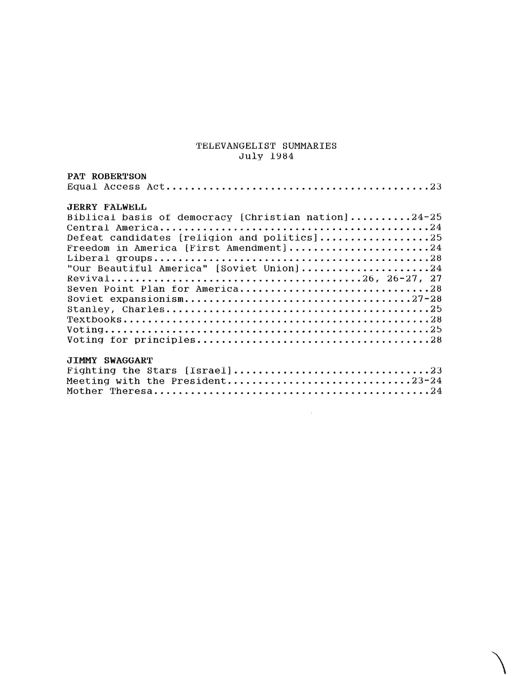 TELEVANGELIST SUMMARIES July 1984 Equal Access Act