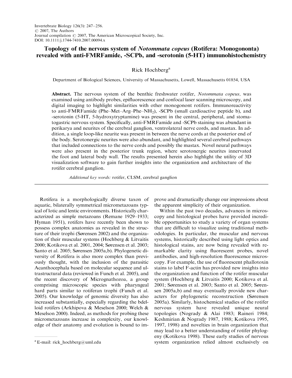 Topology of the Nervous System of Notommata Copeus (Rotifera: Monogononta) Revealed with Anti-Fmrfamide, -Scpb, and -Serotonin (5-HT) Immunohistochemistry