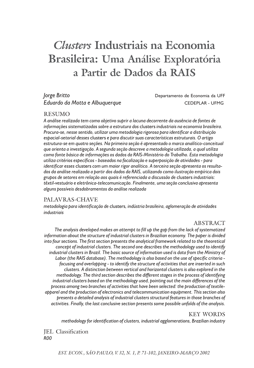 Clusters Industriais Na Economia Brasileira: Uma Análise Exploratória a Partir De Dados Da RAIS