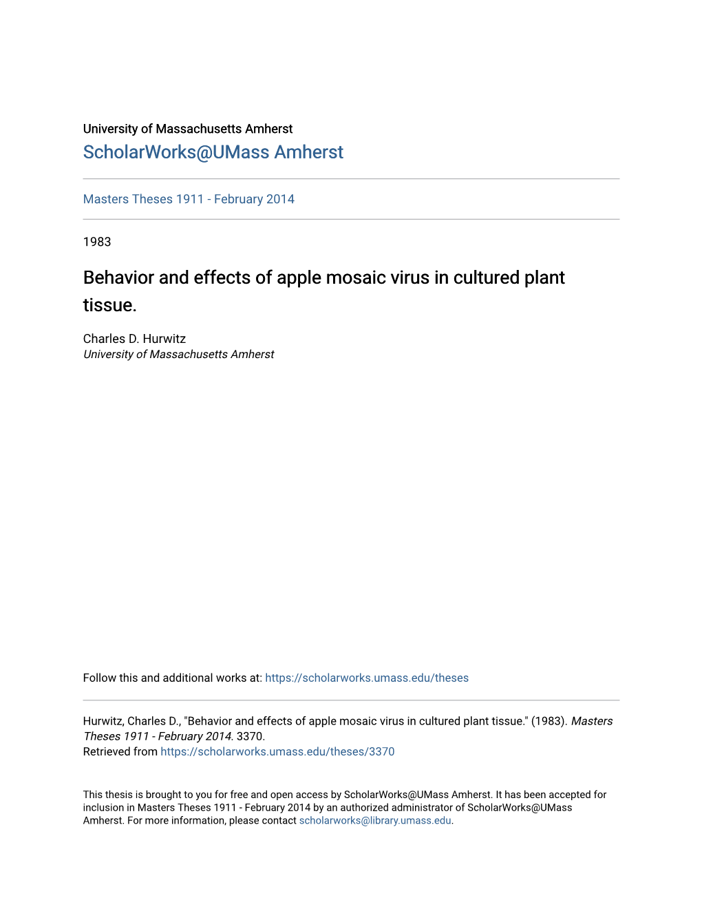 Behavior and Effects of Apple Mosaic Virus in Cultured Plant Tissue