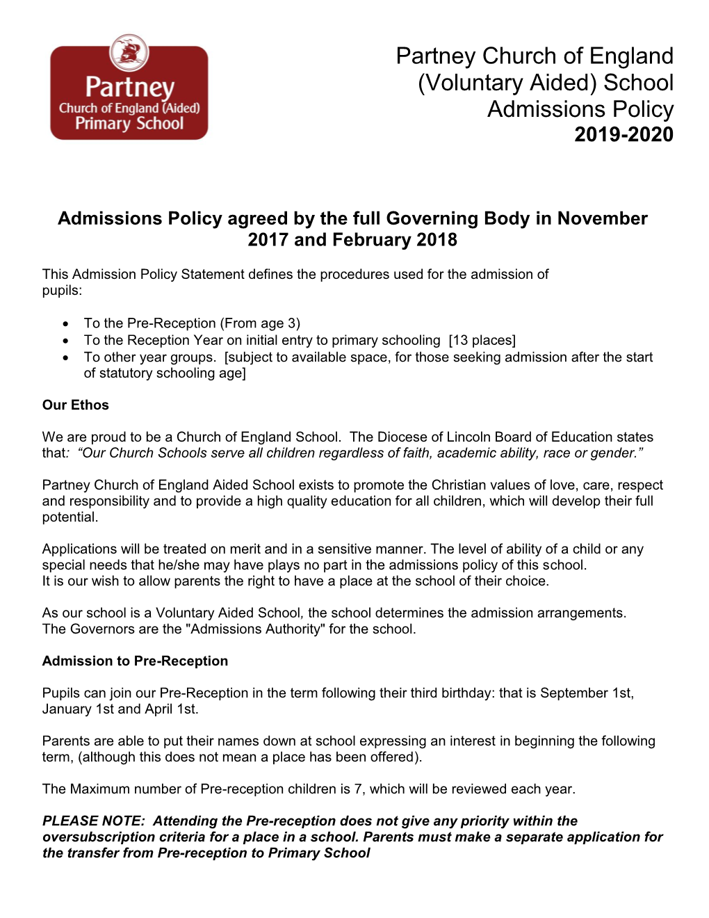 Partney CE Primary School Admissions Policy 2019-20