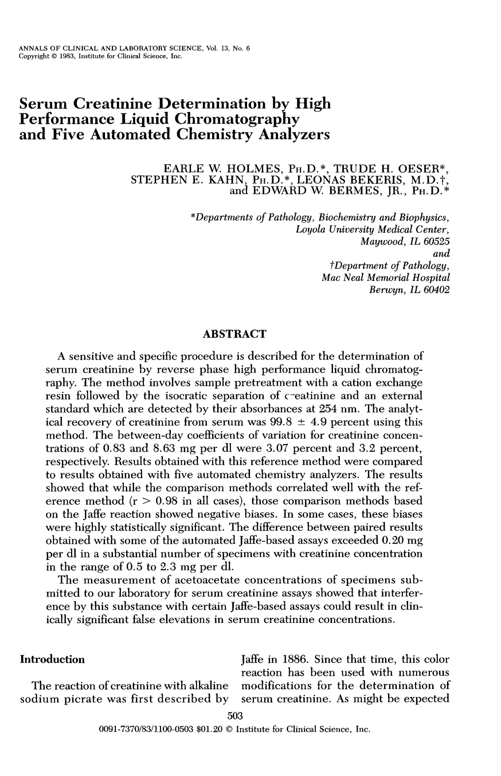 Serum Creatinine Determination by High Performance Liquid Chromatography and Five Automated Chemistry Analyzers