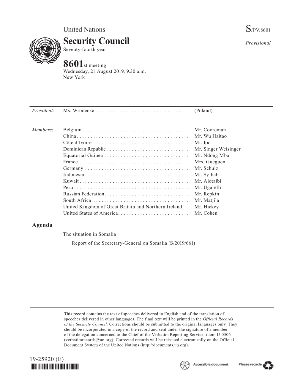 Security Council Provisional Seventy-Fourth Year