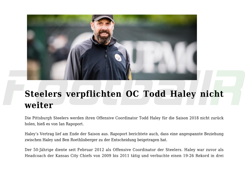 Steelers Verpflichten OC Todd Haley Nicht Weiter,Der Steelers OC Haley Zerschmetterte Sich Bei Zwischenfall Zu Silvester Das