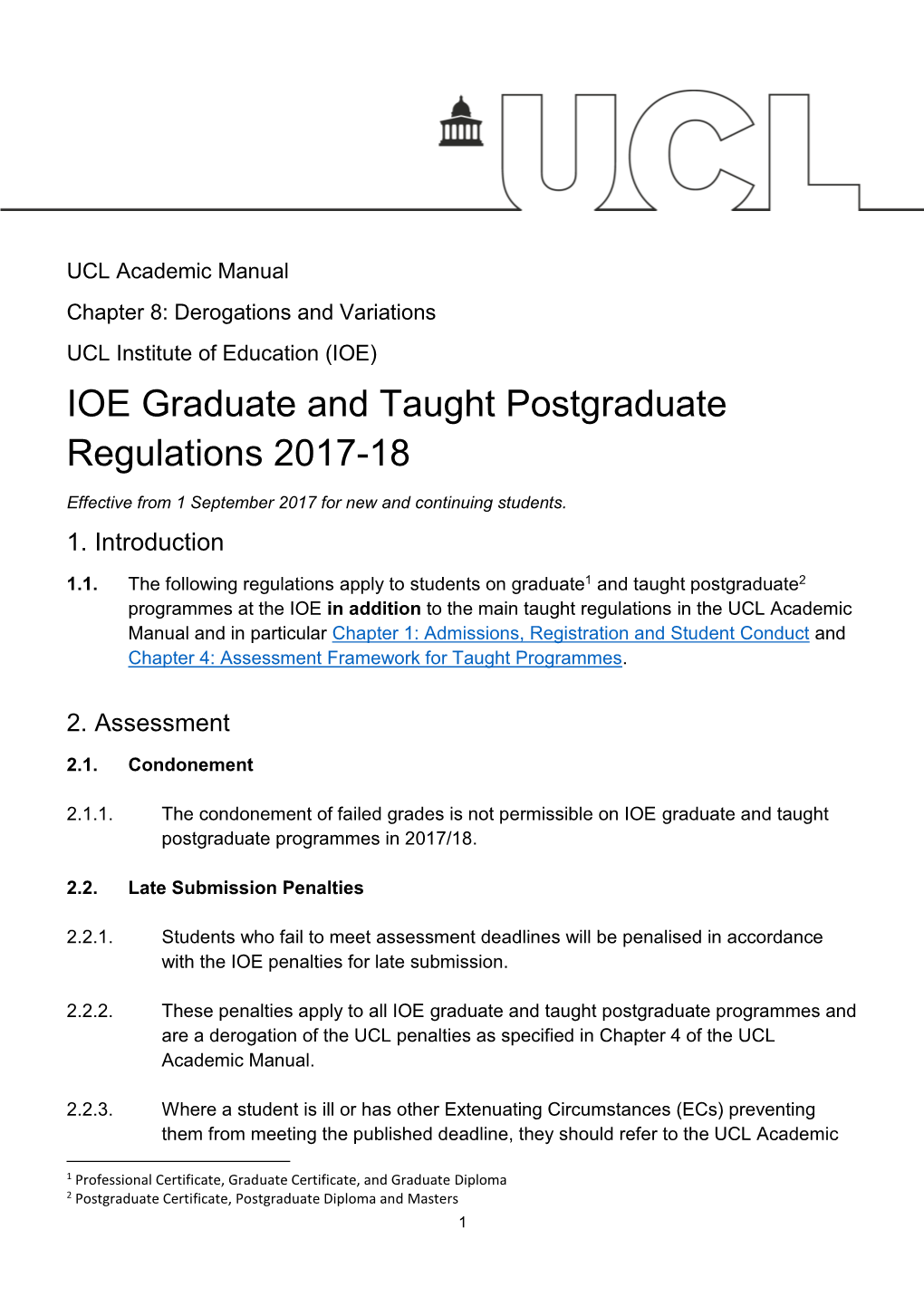 IOE Graduate and Taught Postgraduate Regulations 2017-18