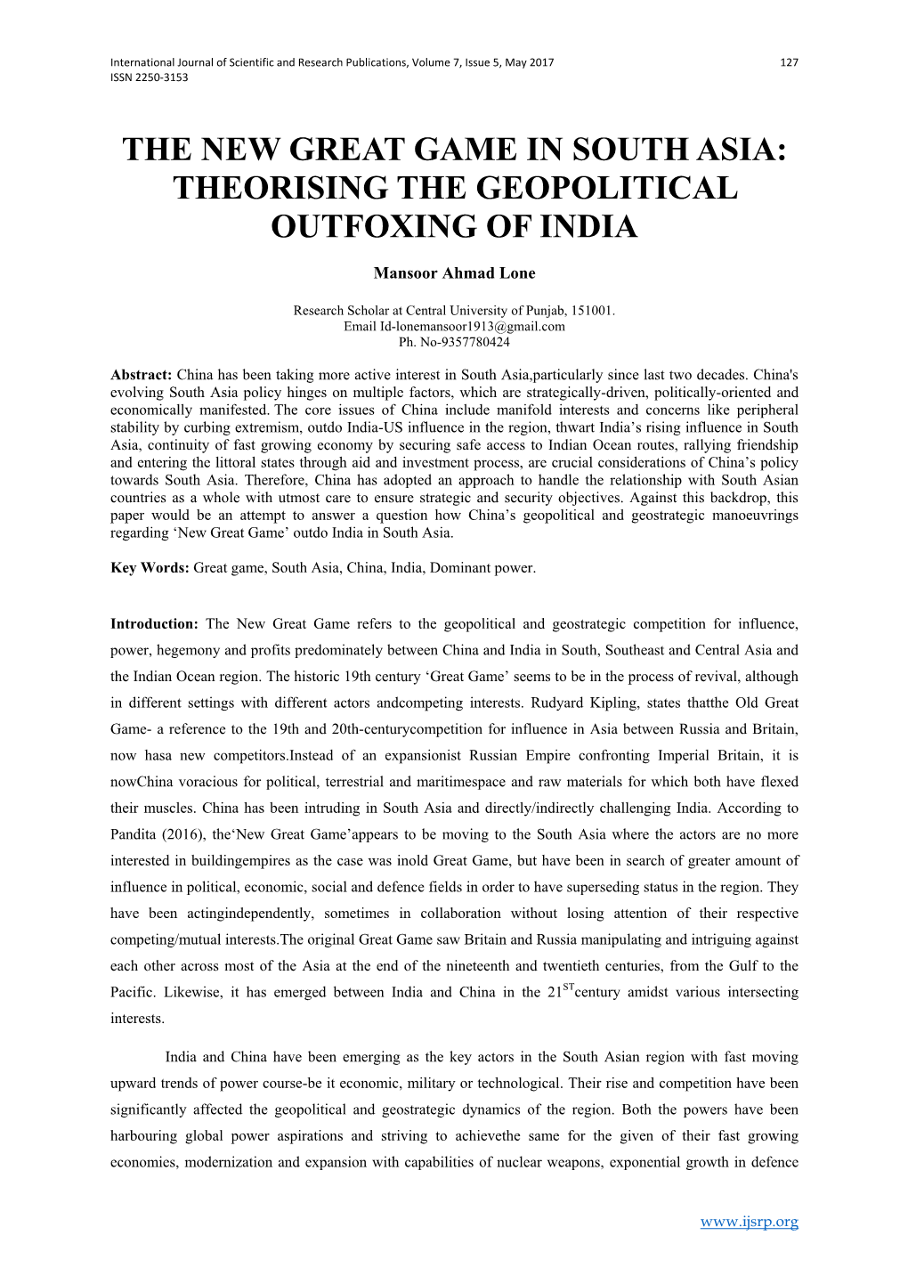 The New Great Game in South Asia: Theorising the Geopolitical Outfoxing of India