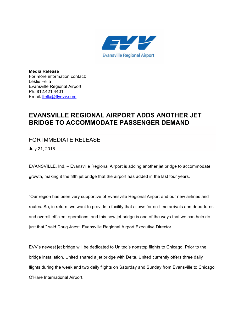 Evansville Regional Airport Adds Another Jet Bridge to Accommodate Passenger Demand