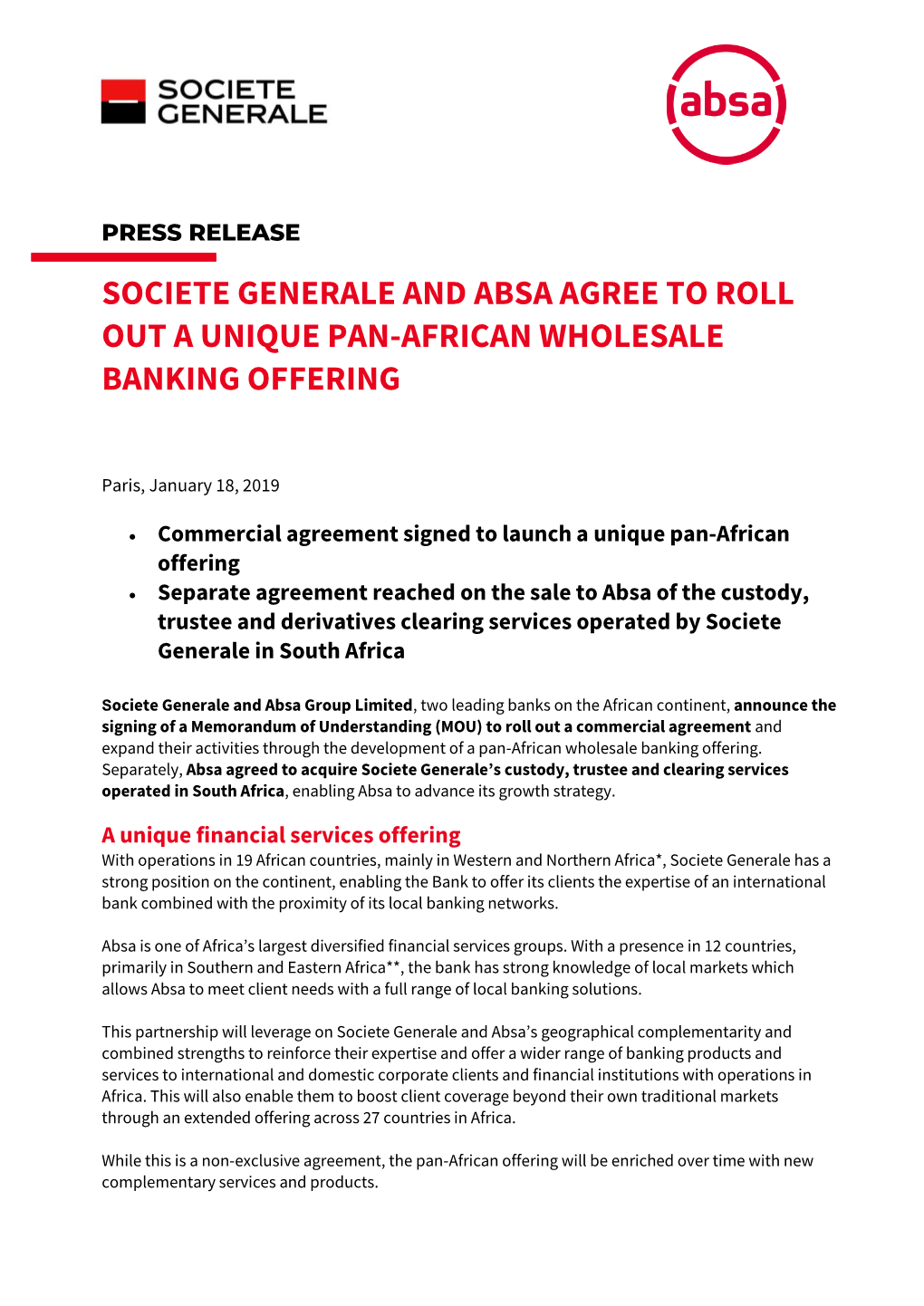 Societe Generale and Absa Agree to Roll out a Unique Pan-African Wholesale Banking Offering