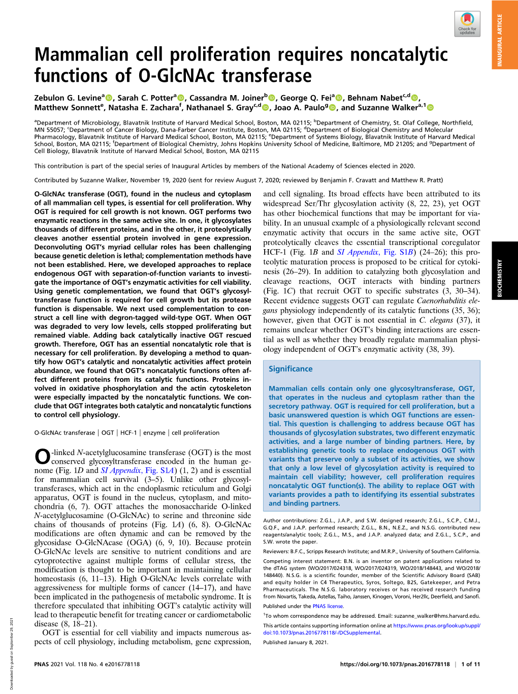 Mammalian Cell Proliferation Requires Noncatalytic Functions of O-Glcnac Transferase INAUGURAL ARTICLE