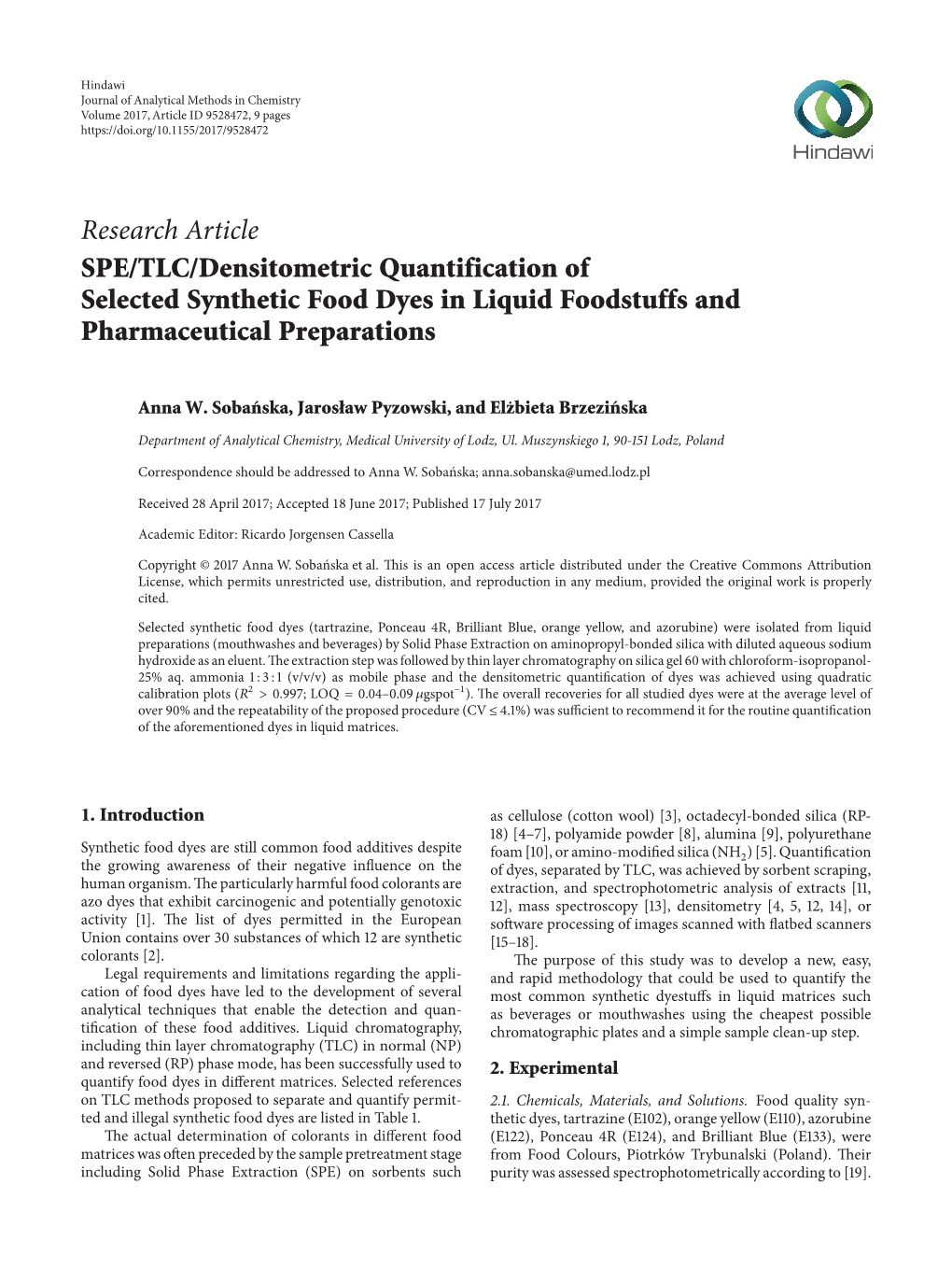 SPE/TLC/Densitometric Quantification of Selected Synthetic Food Dyes in Liquid Foodstuffs and Pharmaceutical Preparations