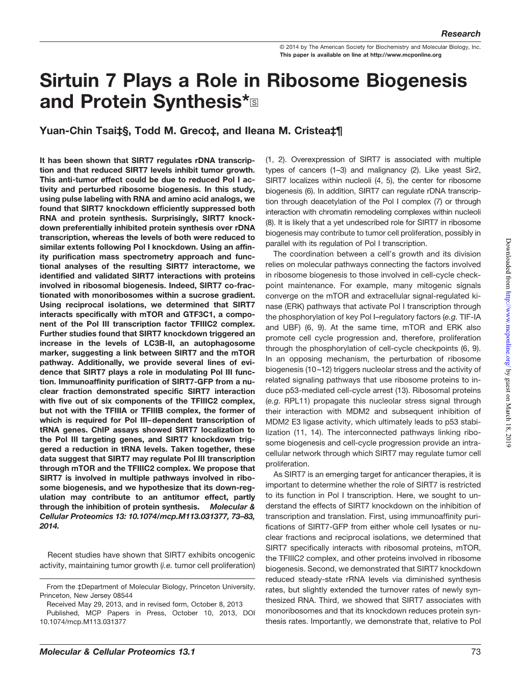 Sirtuin 7 Plays a Role in Ribosome Biogenesis and Protein Synthesis*DS