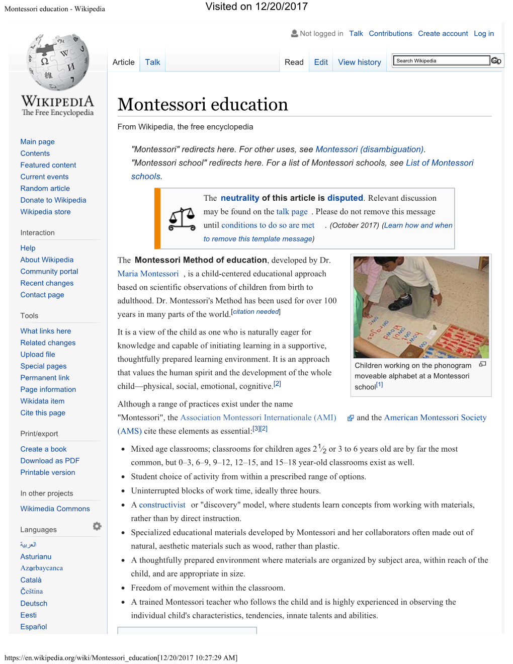 Montessori Education - Wikipedia Visited on 12/20/2017