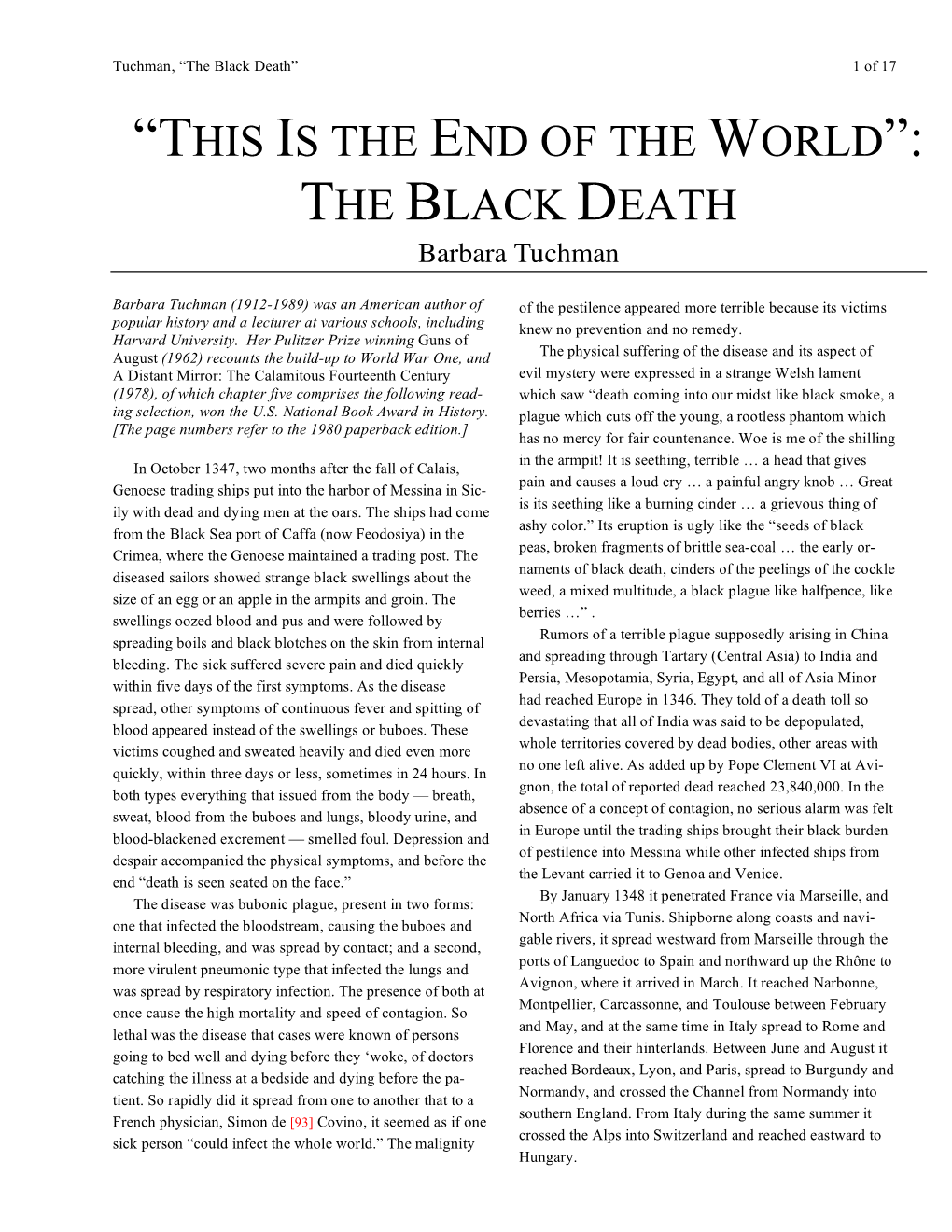 “THIS IS the END of the WORLD”: the BLACK DEATH Barbara Tuchman
