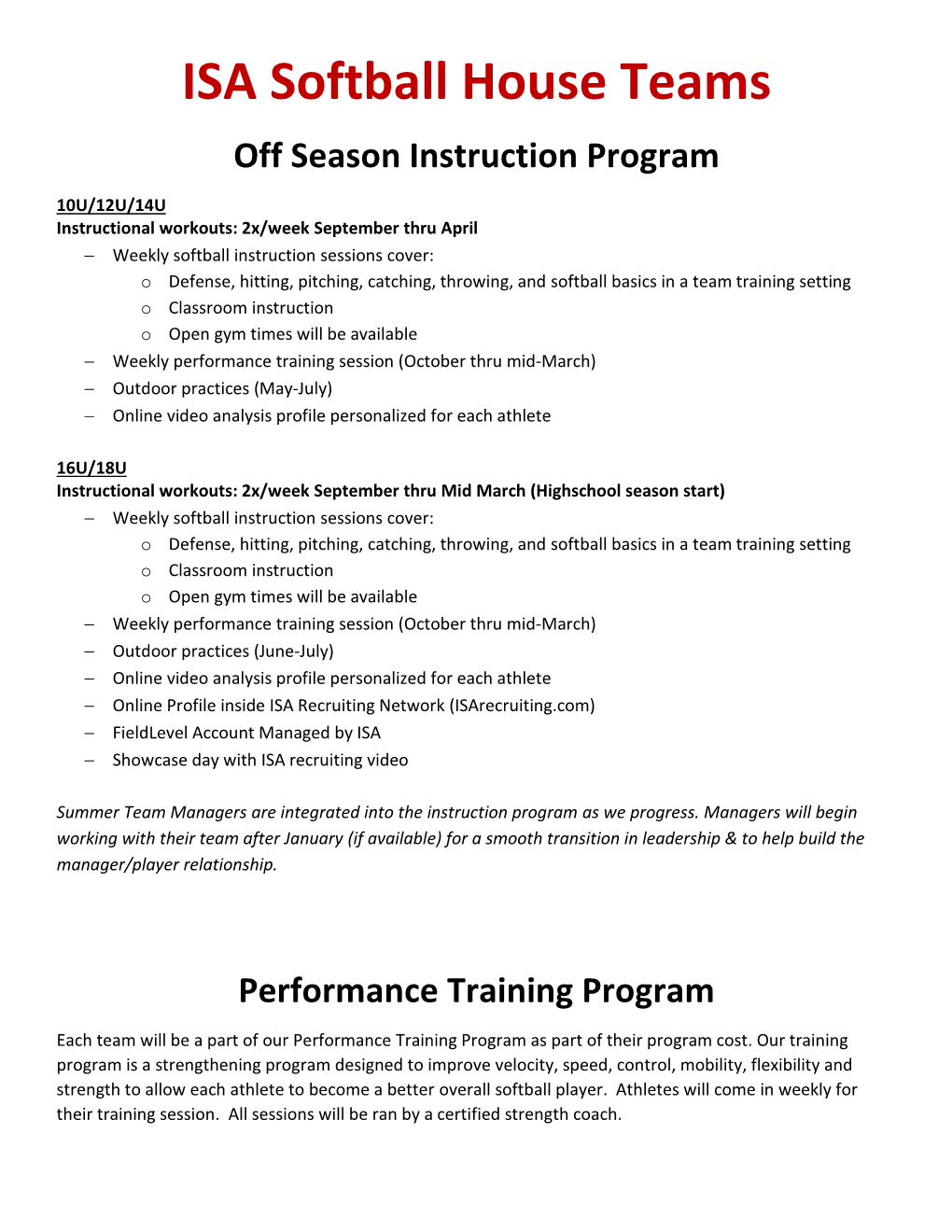 ISA Softball House Teams Off Season Instruction Program