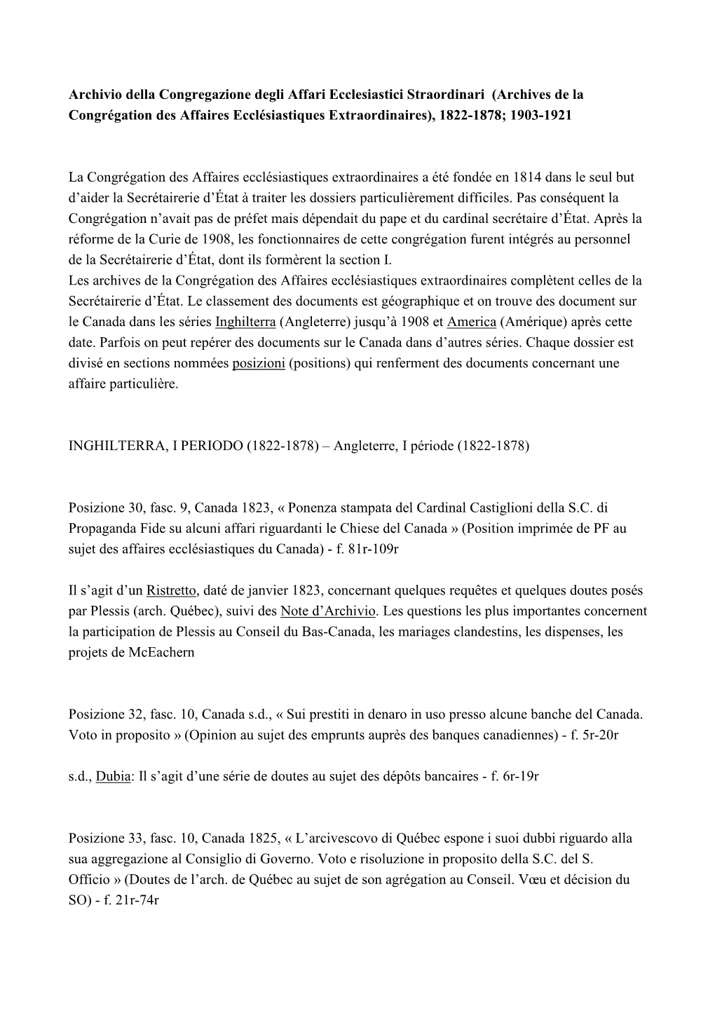 Congrégation Des Affaires Ecclésiastiques Extraordinaires), 1822-1878; 1903-1921