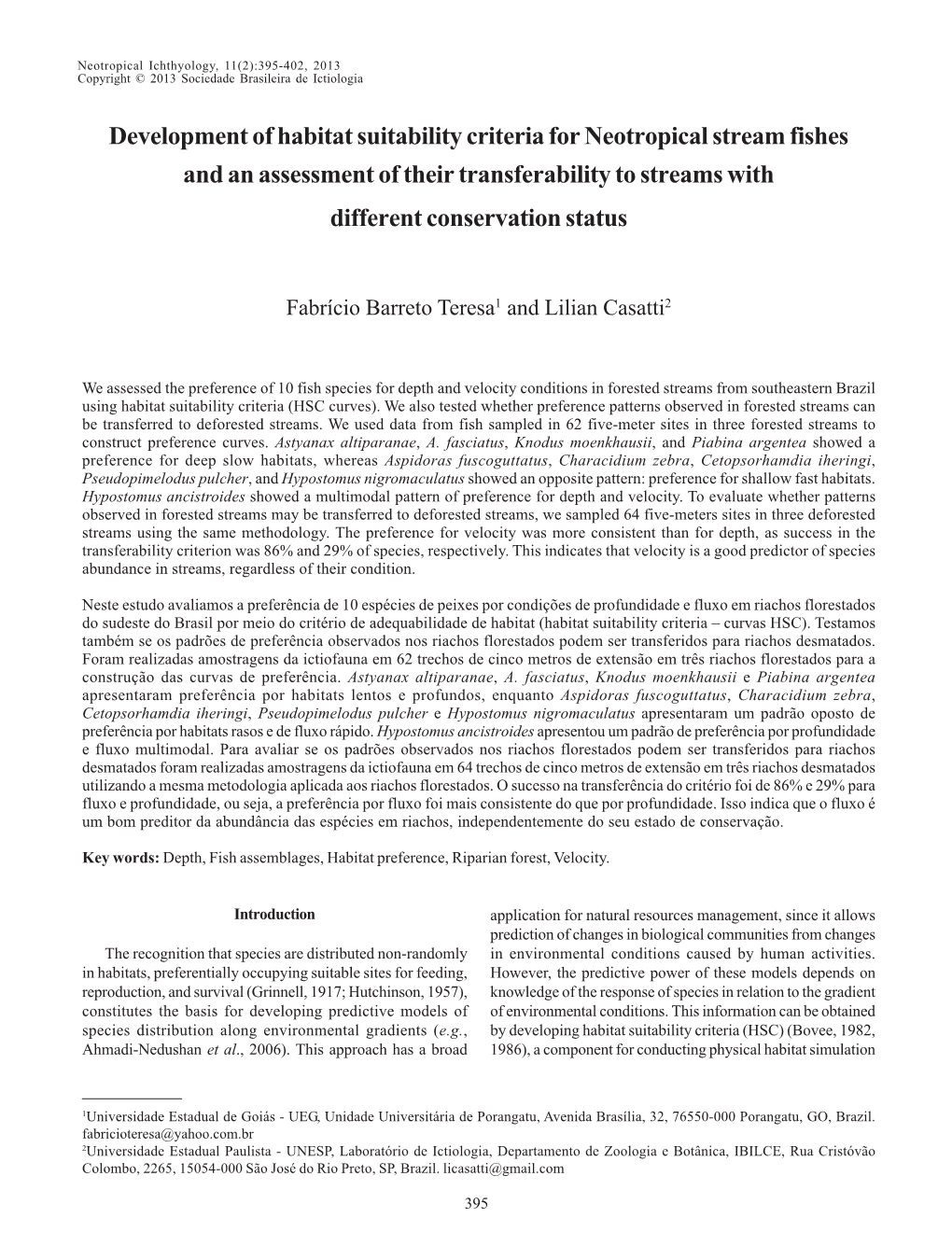 Development of Habitat Suitability Criteria for Neotropical Stream Fishes and an Assessment of Their Transferability to Streams with Different Conservation Status