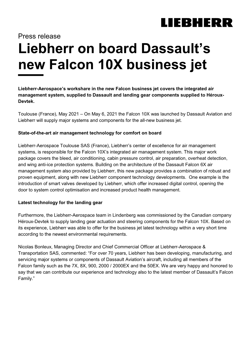 Liebherr on Board Dassault's New Falcon 10X Business