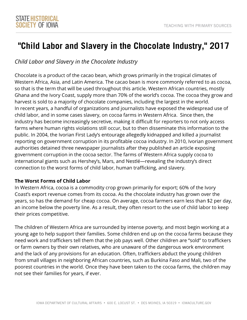 "Child Labor and Slavery in the Chocolate Industry," 2017