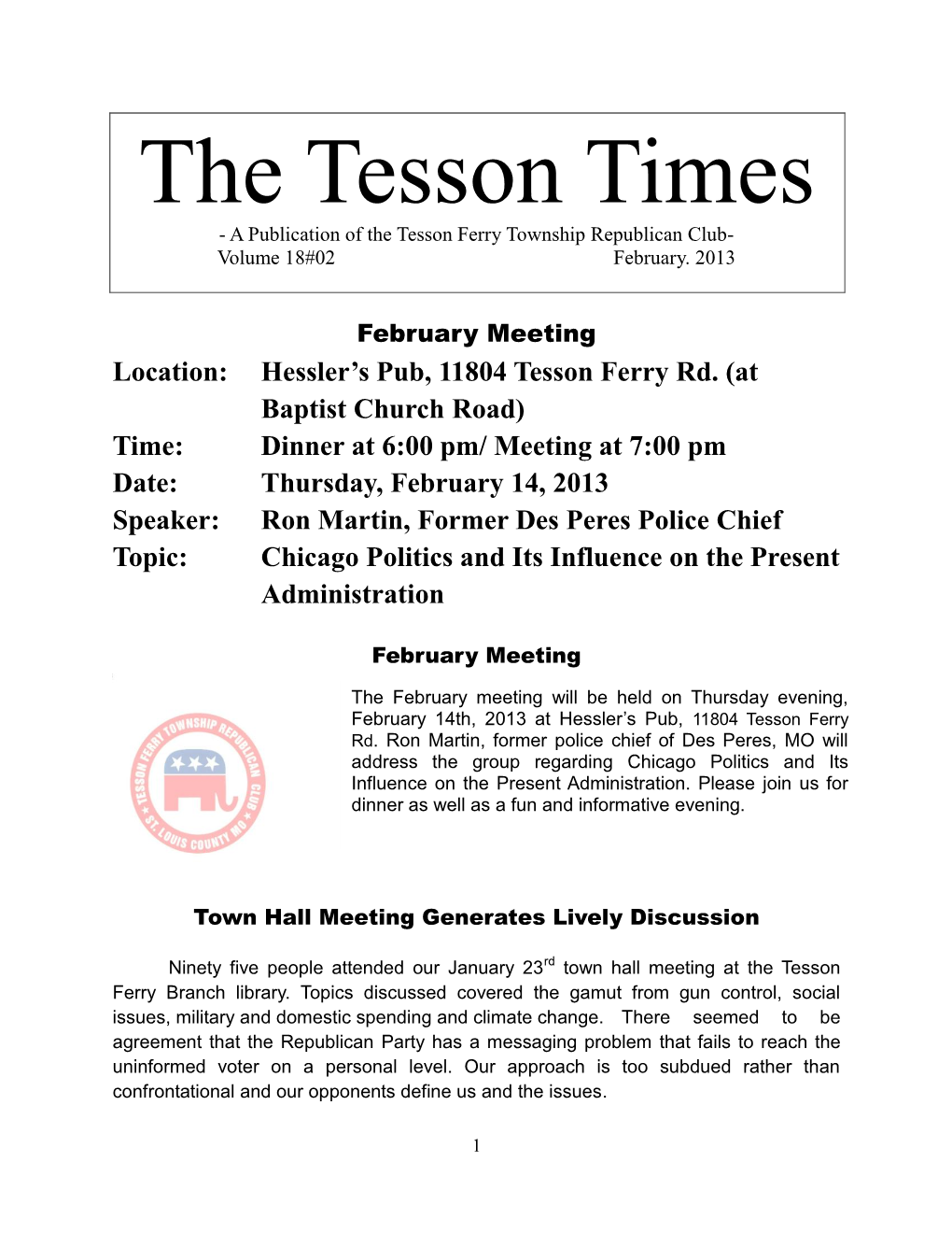 The Tesson Times - a Publication of the Tesson Ferry Township Republican Club- Volume 18#02 February