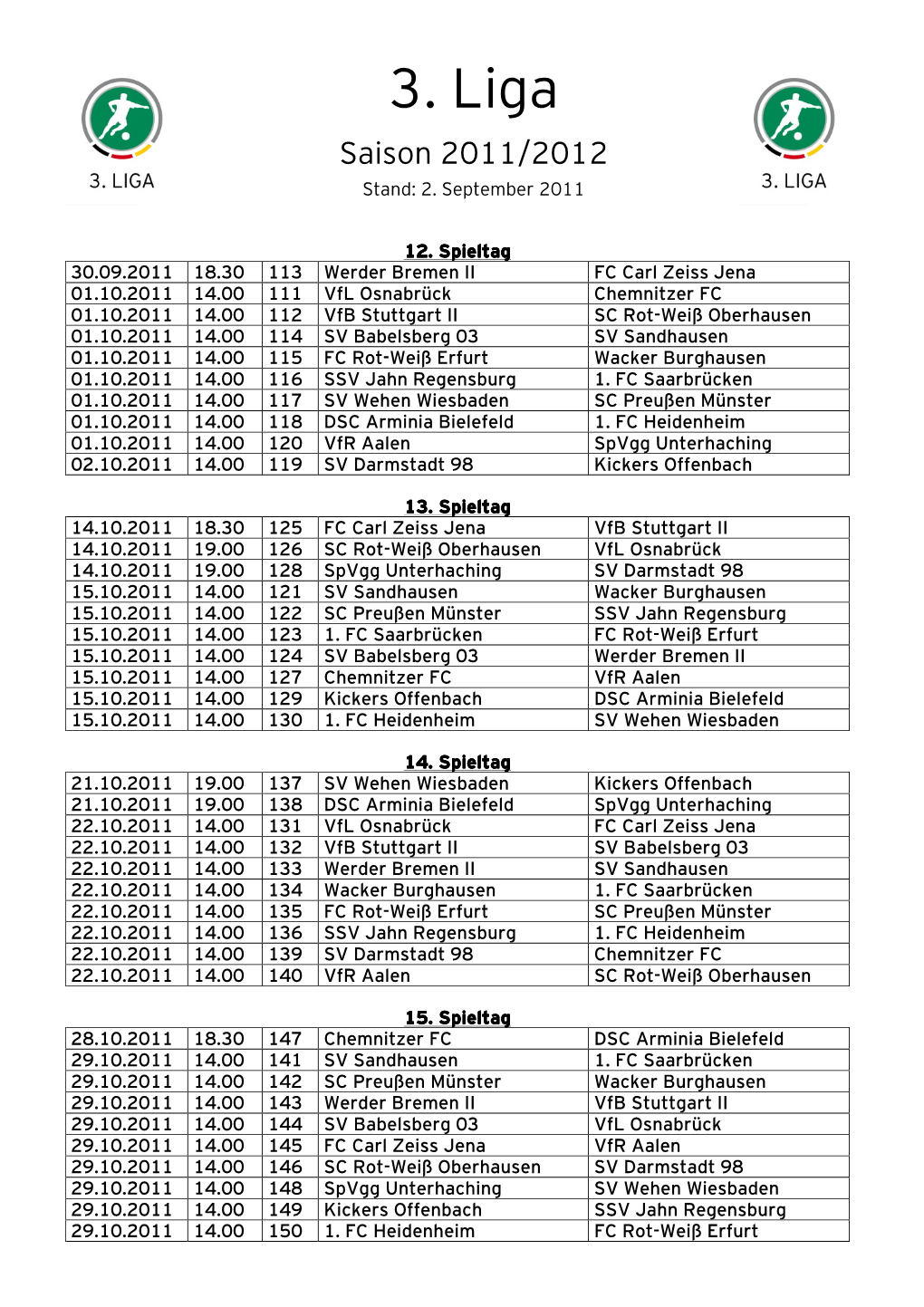 Spielplan 3. Liga 11-12 Spieltage 12-18