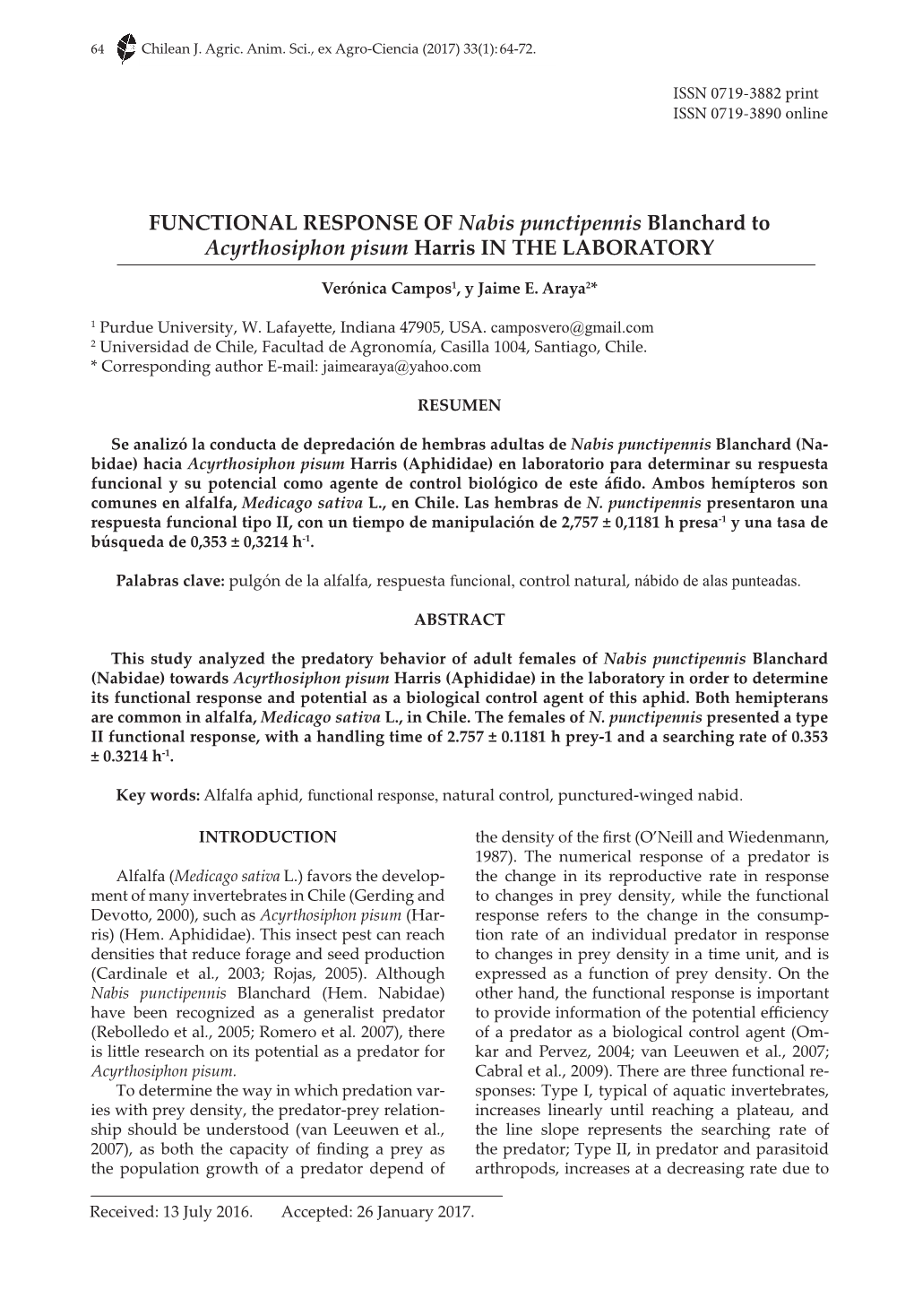 FUNCTIONAL RESPONSE of Nabis Punctipennis Blanchard to Acyrthosiphon Pisum Harris in the LABORATORY