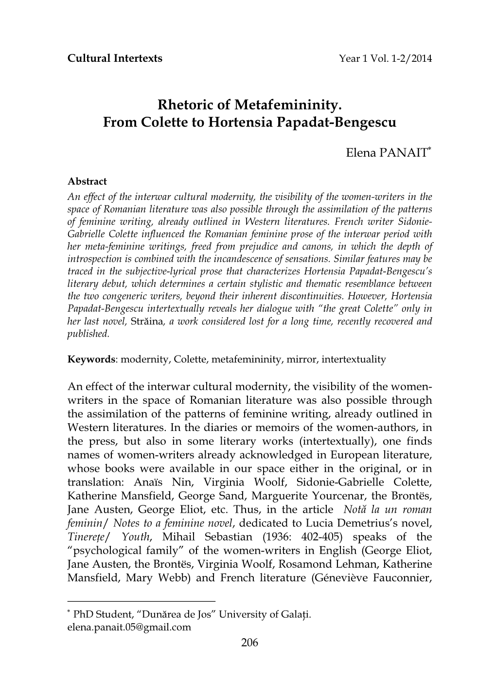 Rhetoric of Metafemininity. from Colette to Hortensia Papadat-Bengescu