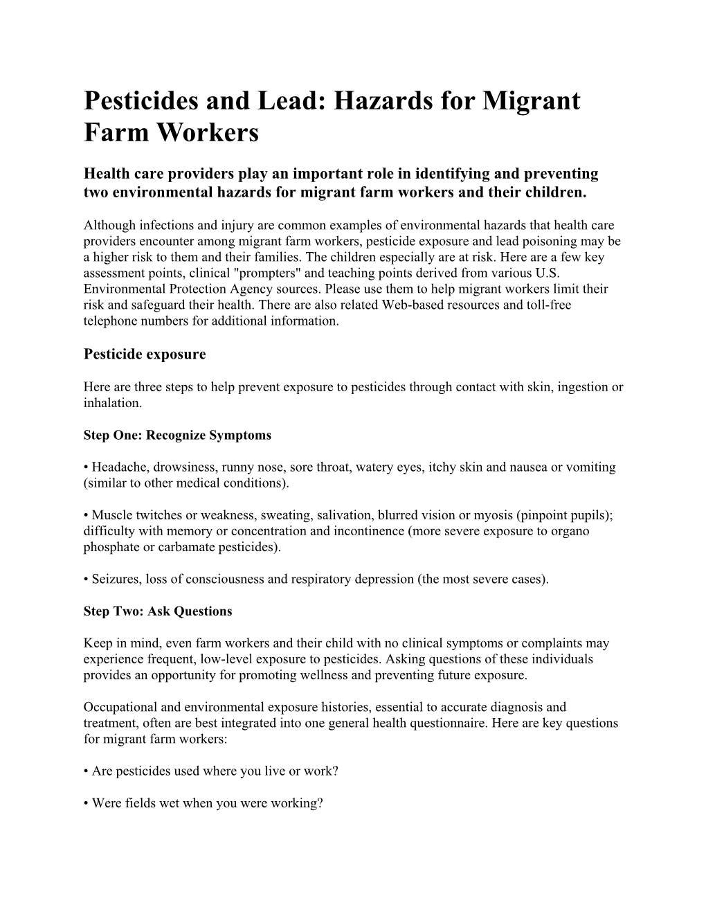 Pesticides and Lead: Hazards for Migrant Farm Workers