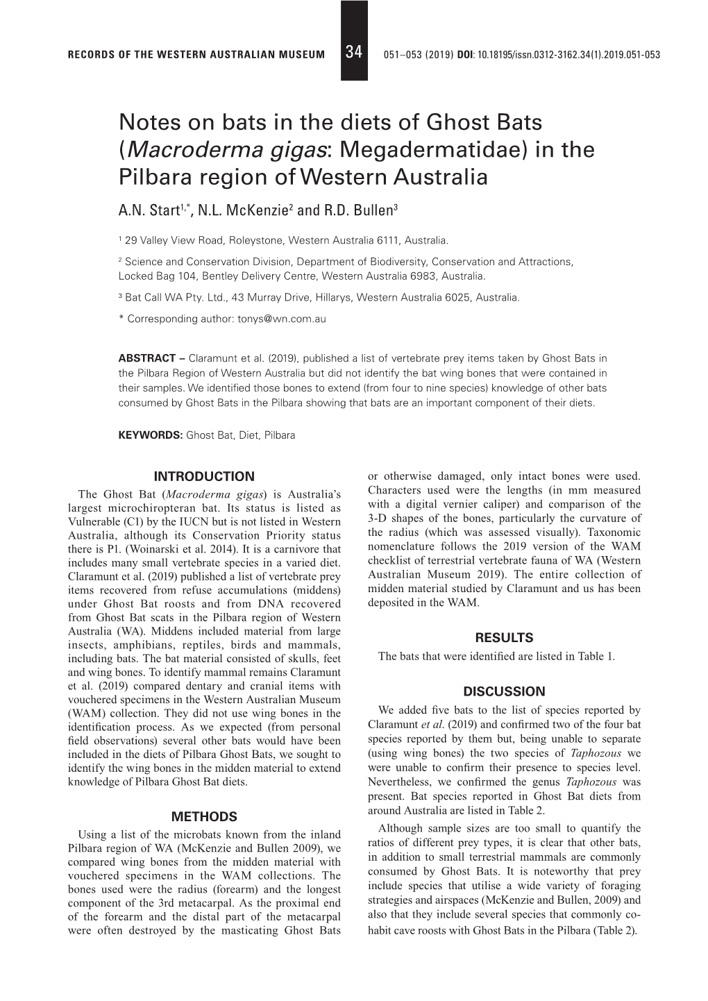 (Macroderma Gigas: Megadermatidae) in the Pilbara Region of Western Australia A.N