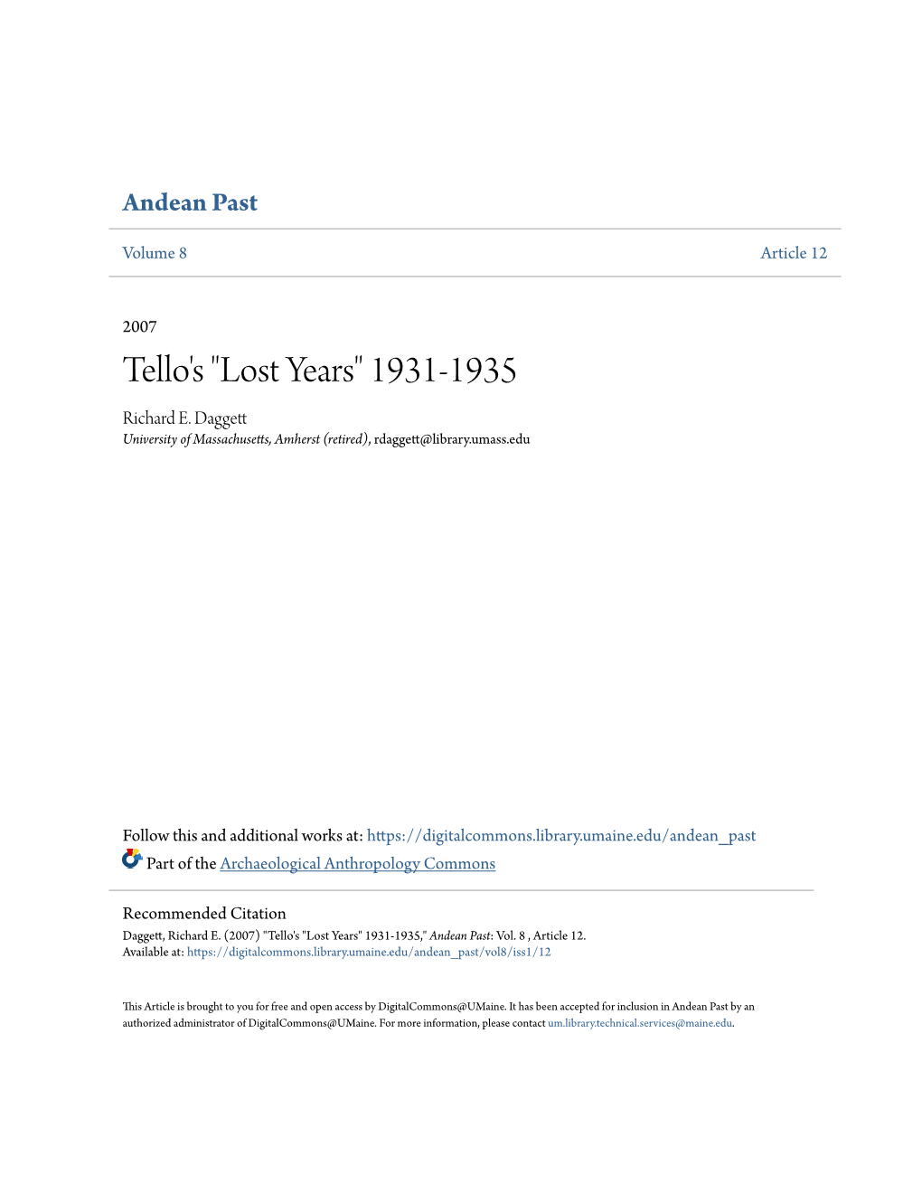 Tello's "Lost Years" 1931-1935 Richard E