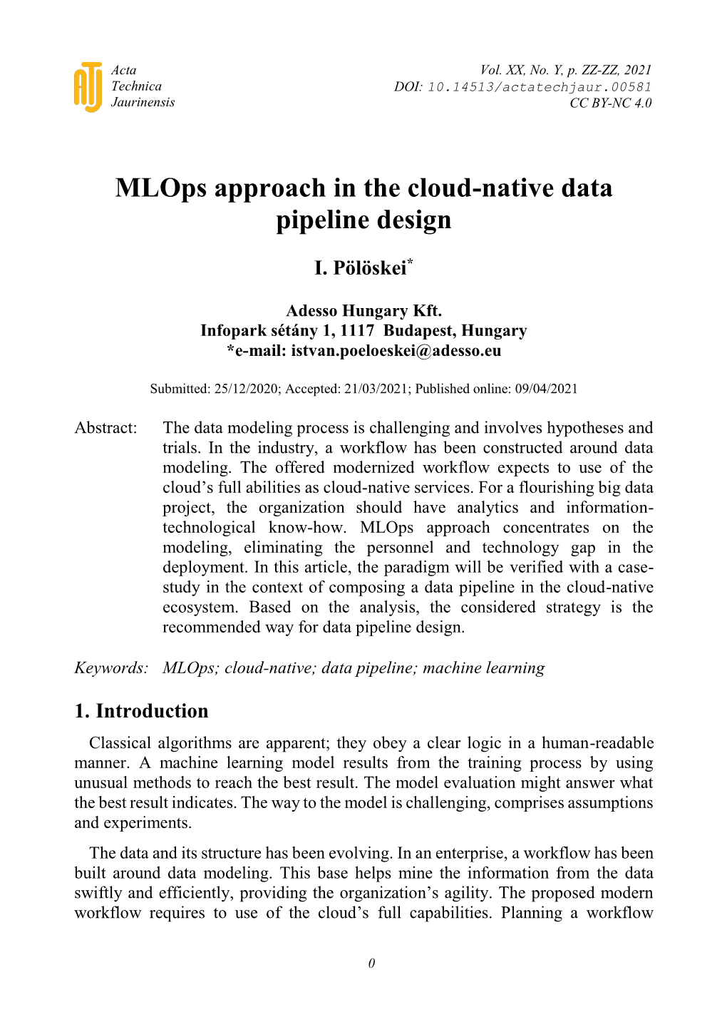 Mlops Approach in the Cloud-Native Data Pipeline Design