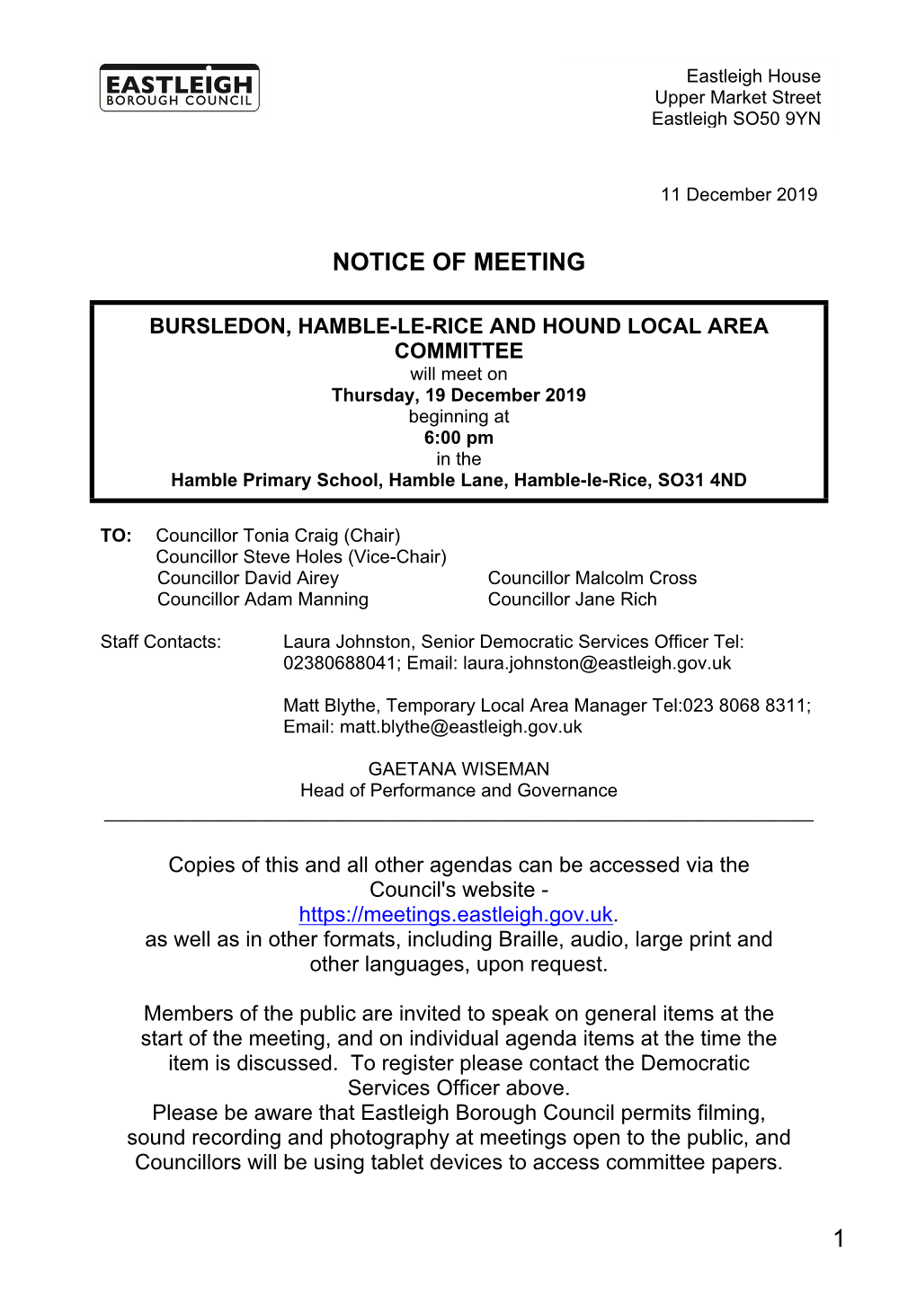 (Public Pack)Agenda Document for Bursledon, Hamble-Le-Rice and Hound Local Area Committee, 19/12/2019 18:00