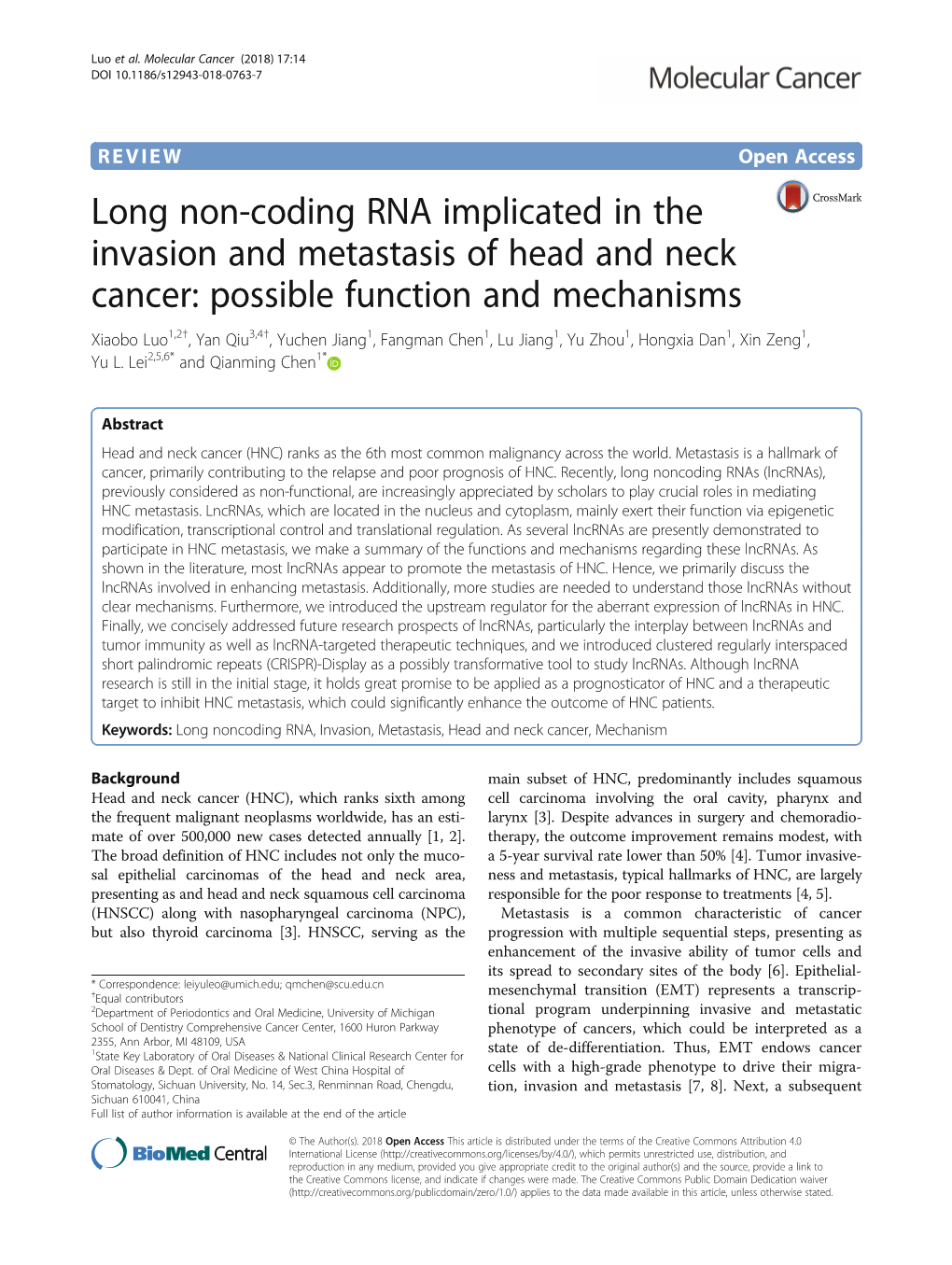 Long Non-Coding RNA Implicated in the Invasion and Metastasis of Head