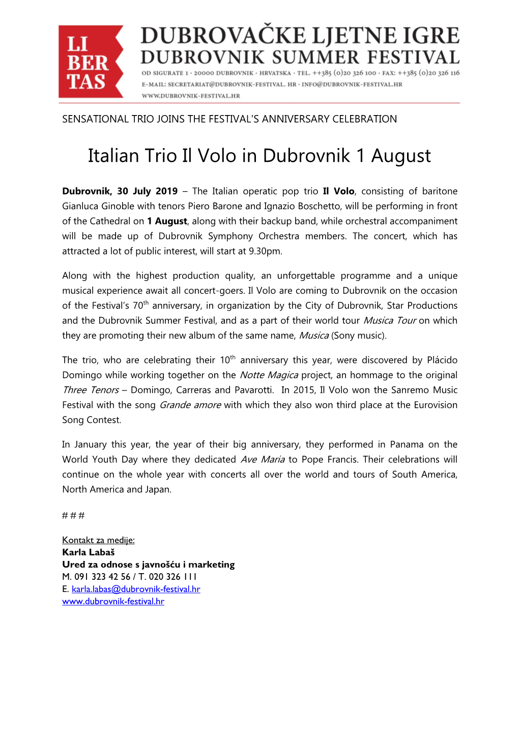 Italian Trio Il Volo in Dubrovnik 1 August