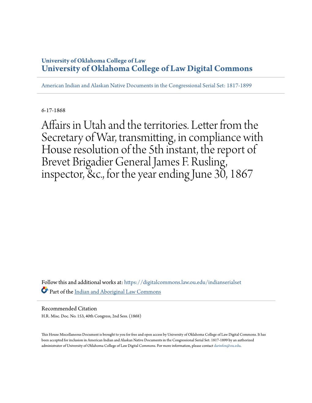 Affairs in Utah and the Territories. Letter from the Secretary of War, Transmitting, in Compliance with House Resolution Of