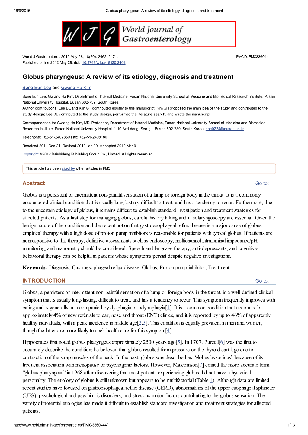 Globus Pharyngeus: a Review of Its Etiology, Diagnosis and Treatment