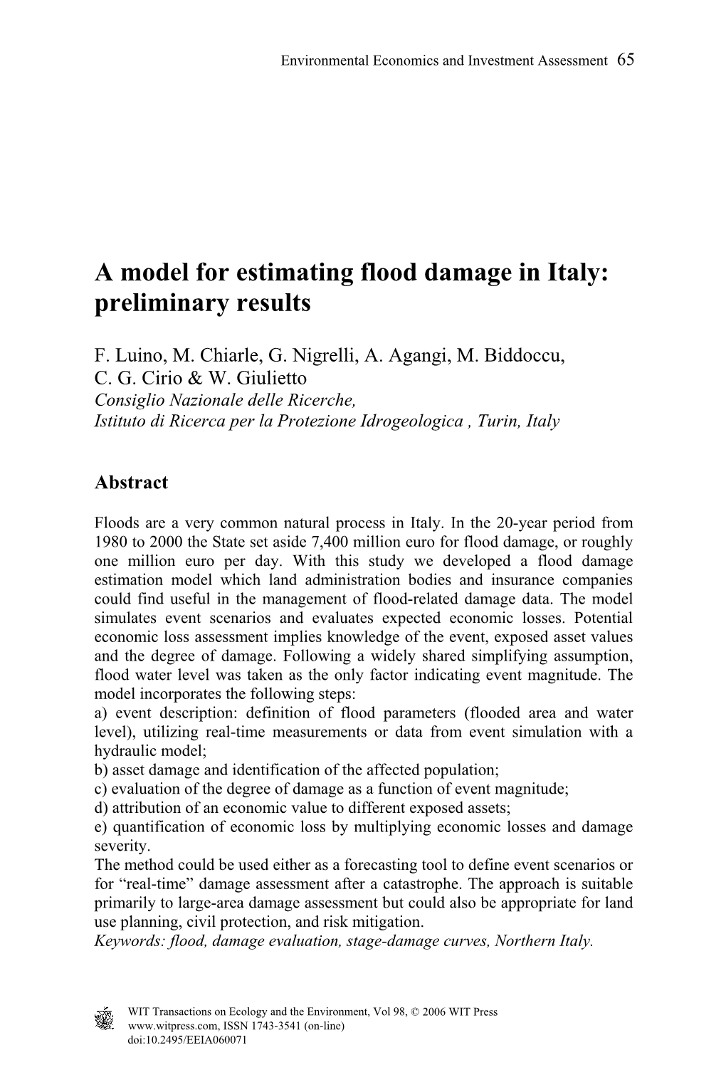 A Model for Estimating Flood Damage in Italy: Preliminary Results