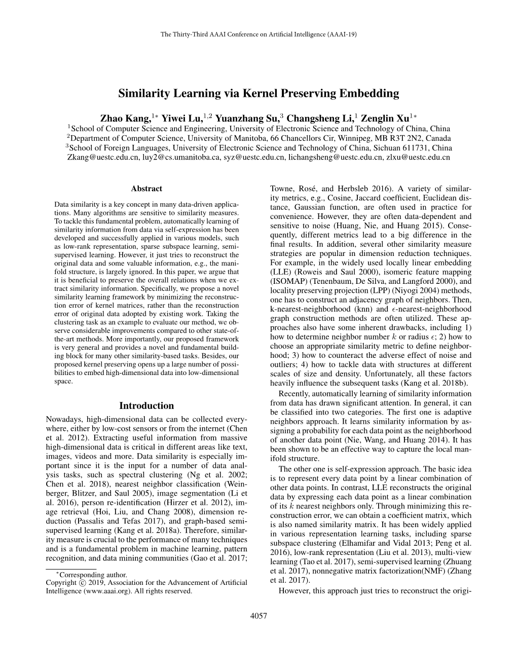 Similarity Learning Via Kernel Preserving Embedding