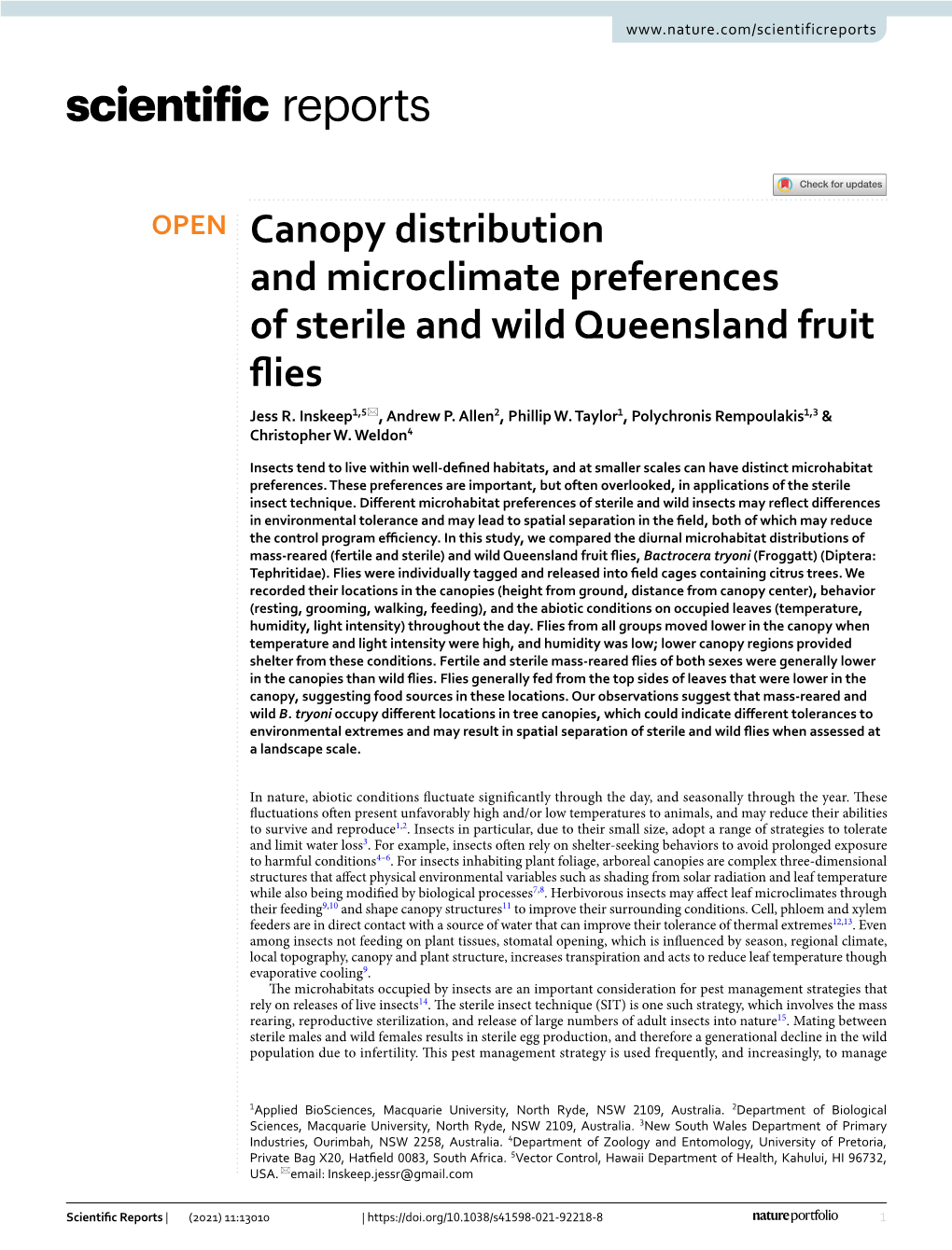 Canopy Distribution and Microclimate Preferences of Sterile and Wild Queensland Fruit Fies Jess R