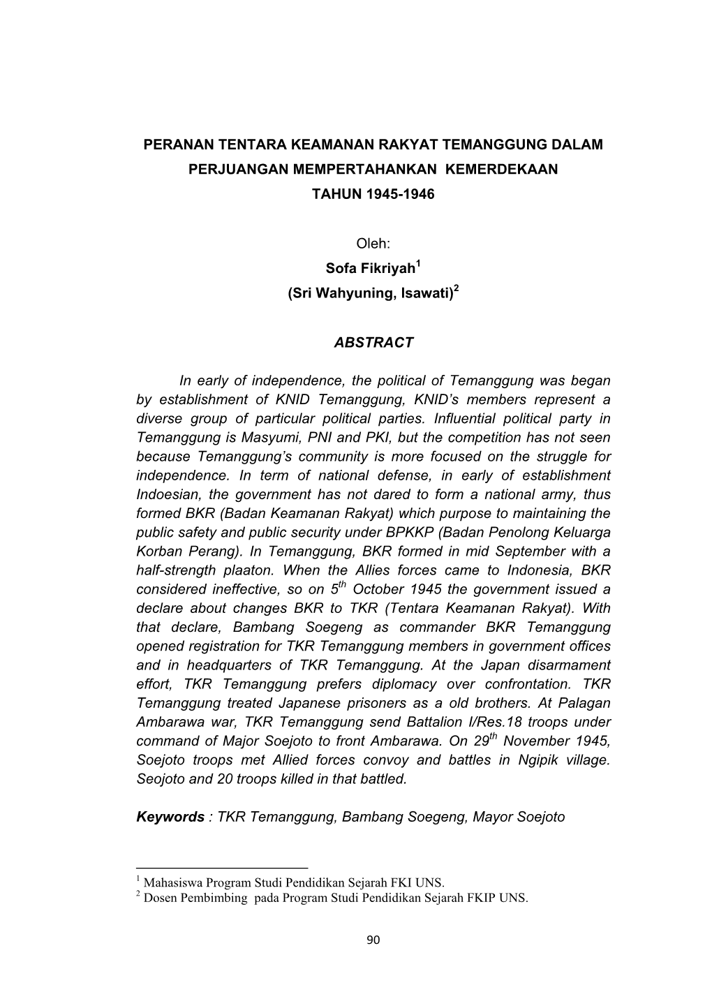 Peranan Tentara Keamanan Rakyat Temanggung Dalam Perjuangan Mempertahankan Kemerdekaan Tahun 1945-1946