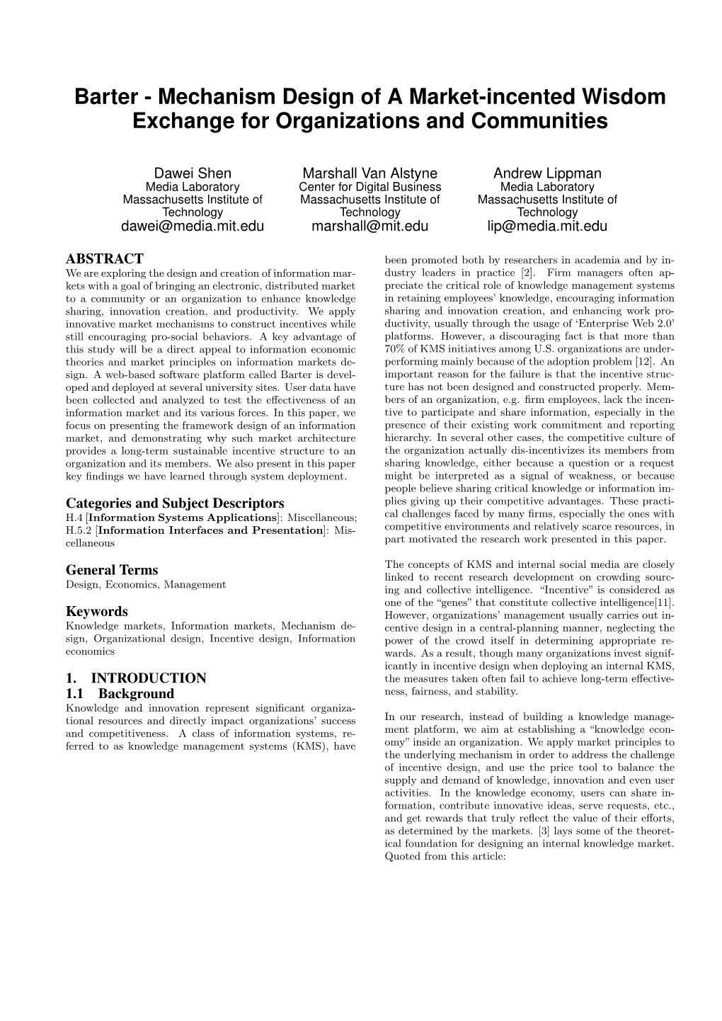 Barter - Mechanism Design of a Market-Incented Wisdom Exchange for Organizations and Communities