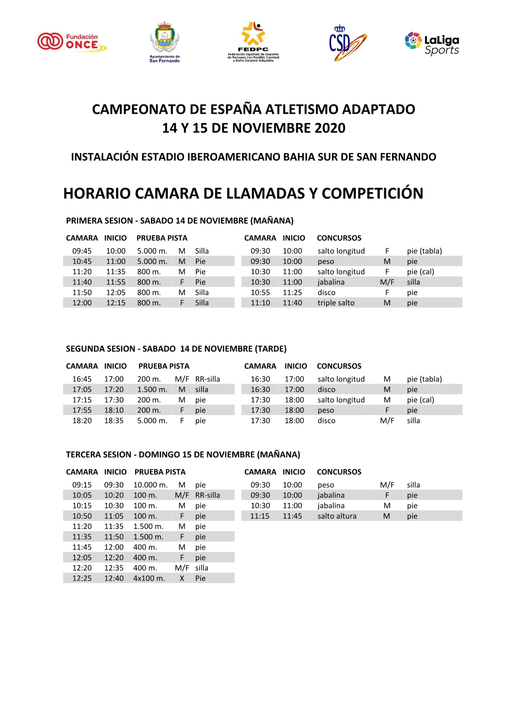 Horario Camara De Llamadas Y Competición