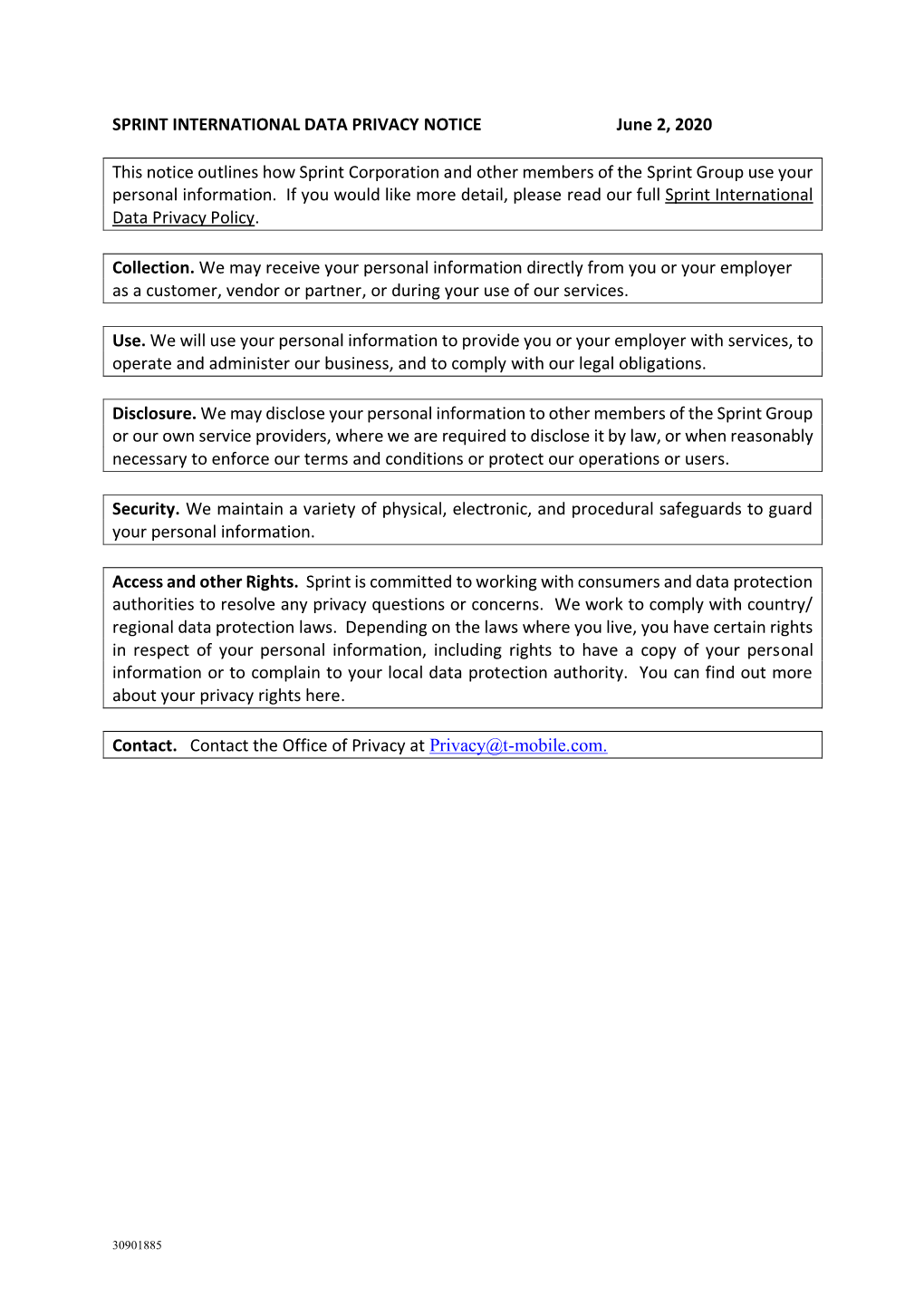 SPRINT INTERNATIONAL DATA PRIVACY NOTICE June 2, 2020 This Notice Outlines How Sprint Corporation and Other Members of the S